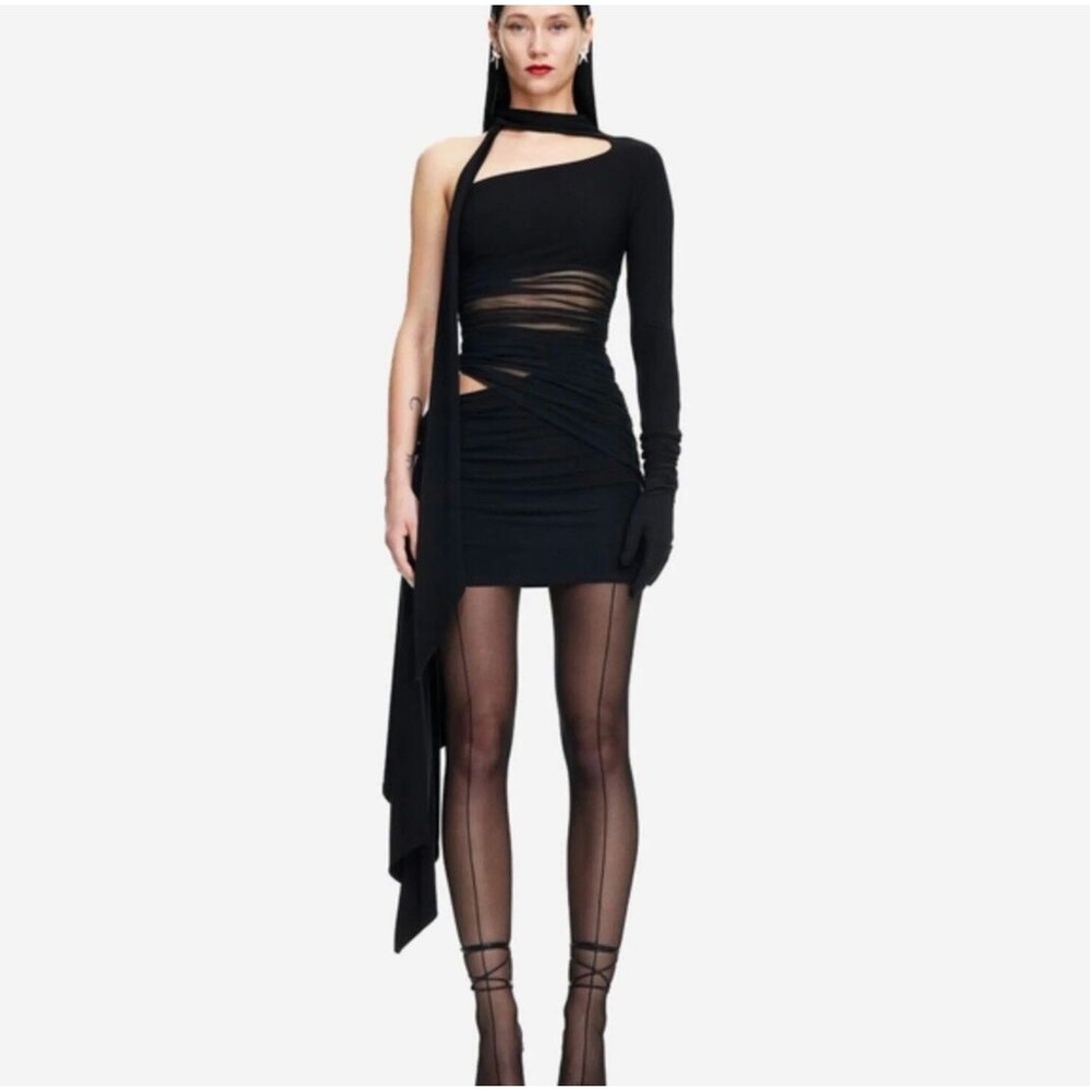 Mugler x H&M Asymmetric Cut-Out Ruched Mini Dress M Black Mesh One Shoulder Goth
